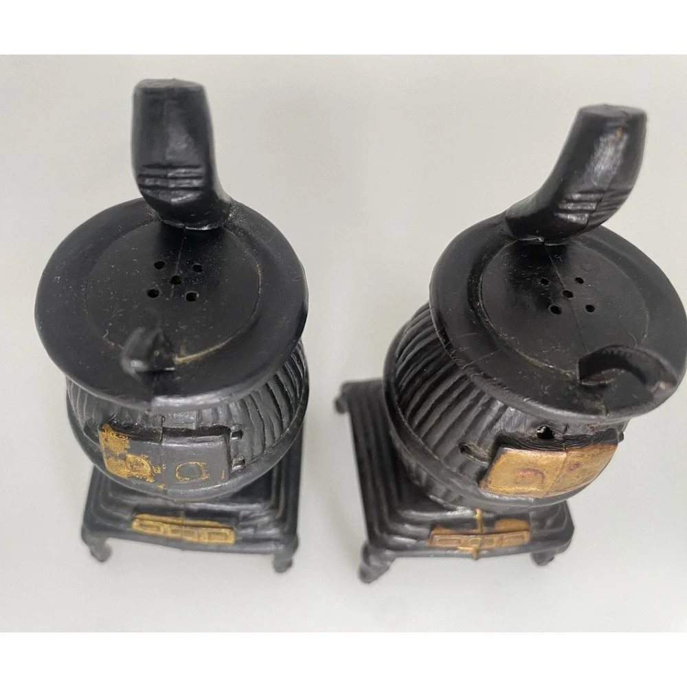 Vintage Pot Belly Stove Salt & Pepper Shakers Black Plastic with Stoppers